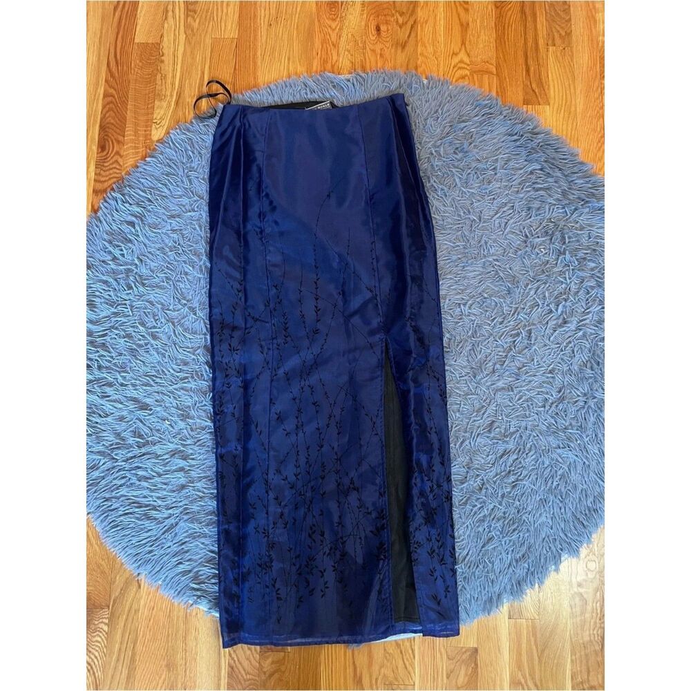Mark Shale Navy Blue Velvet Floral Front Slit Midi Skirt Size 8 Y2K